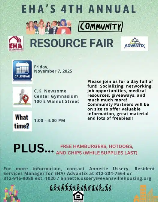 Flier for Evansville Housing Authority's Annual Resource Fair with free food and networking opportunities.