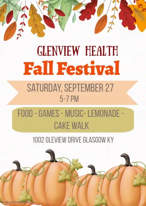Flier for Glenview Health Fall Festival on Saturday, September 27th, 5-7 PM.
