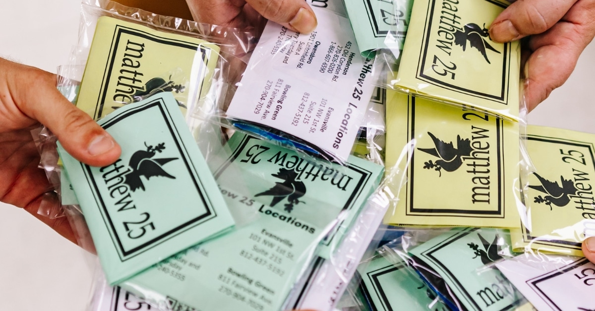 Matthew 25 free condoms with Matthew 25 info on them.