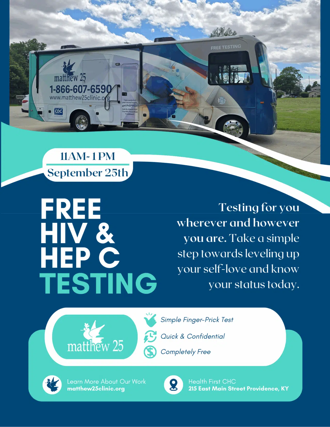 Flier for mobile unit: Free HIV & Hep C Testing on 9/25 from 11-1 will be at Health First CHC