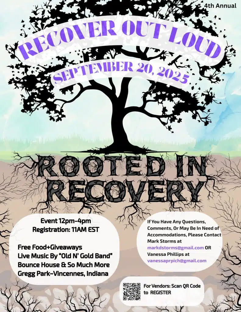 Flier for Recovery Out Loud by Rooted in Recovery. Flier shows date for September 20th 2025 from 12 PM - 4 PM