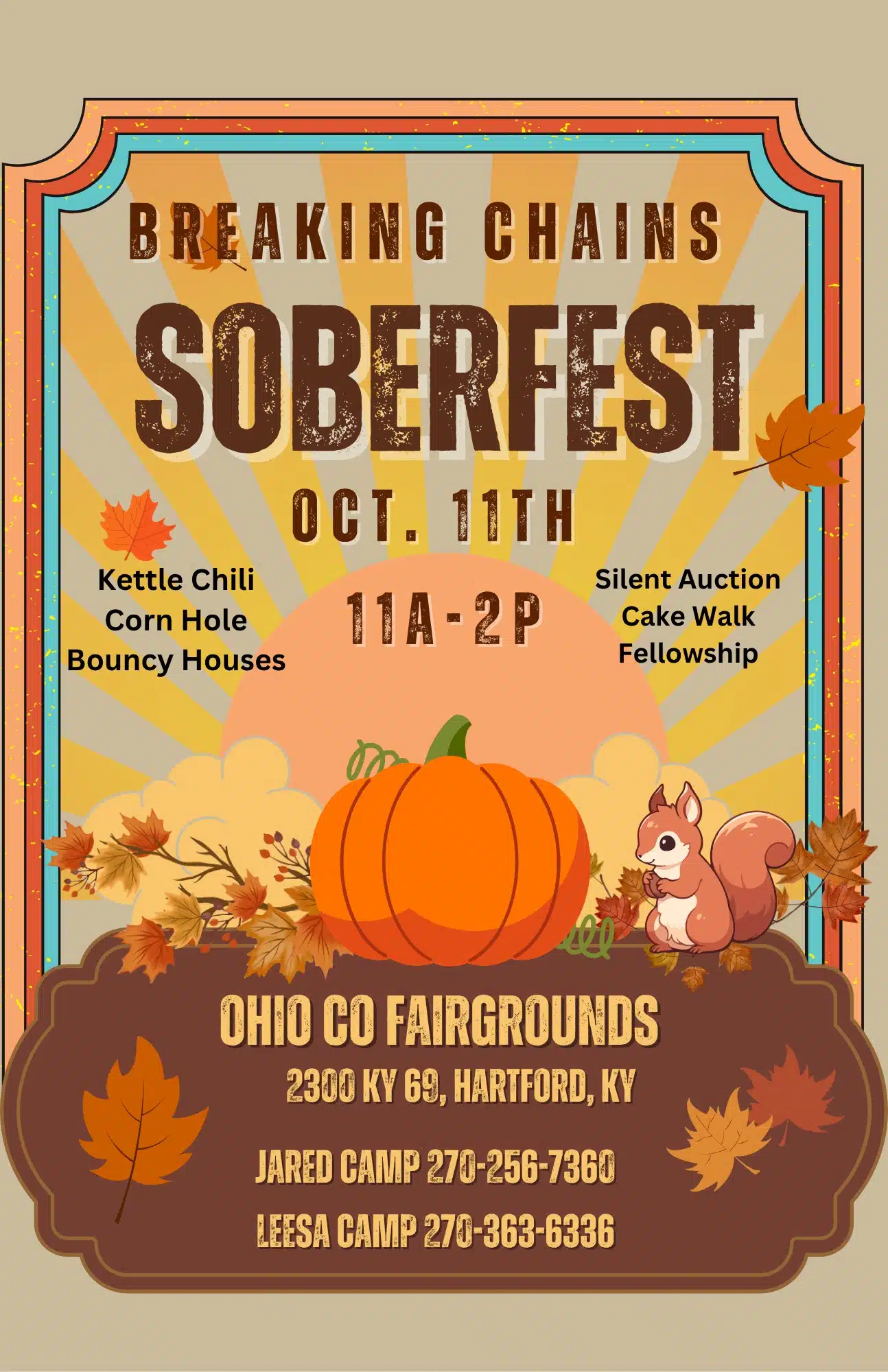 Flier for Breaking Chains Soberfest October 11th from 11 AM - 2 PM at Ohio County Fairgrounds