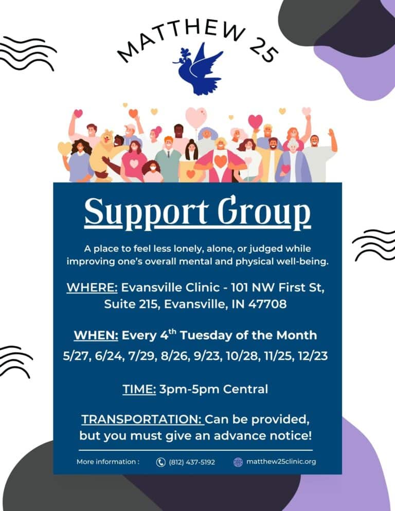 Flyer for Matthew 25's in-person Evansville clinic support group