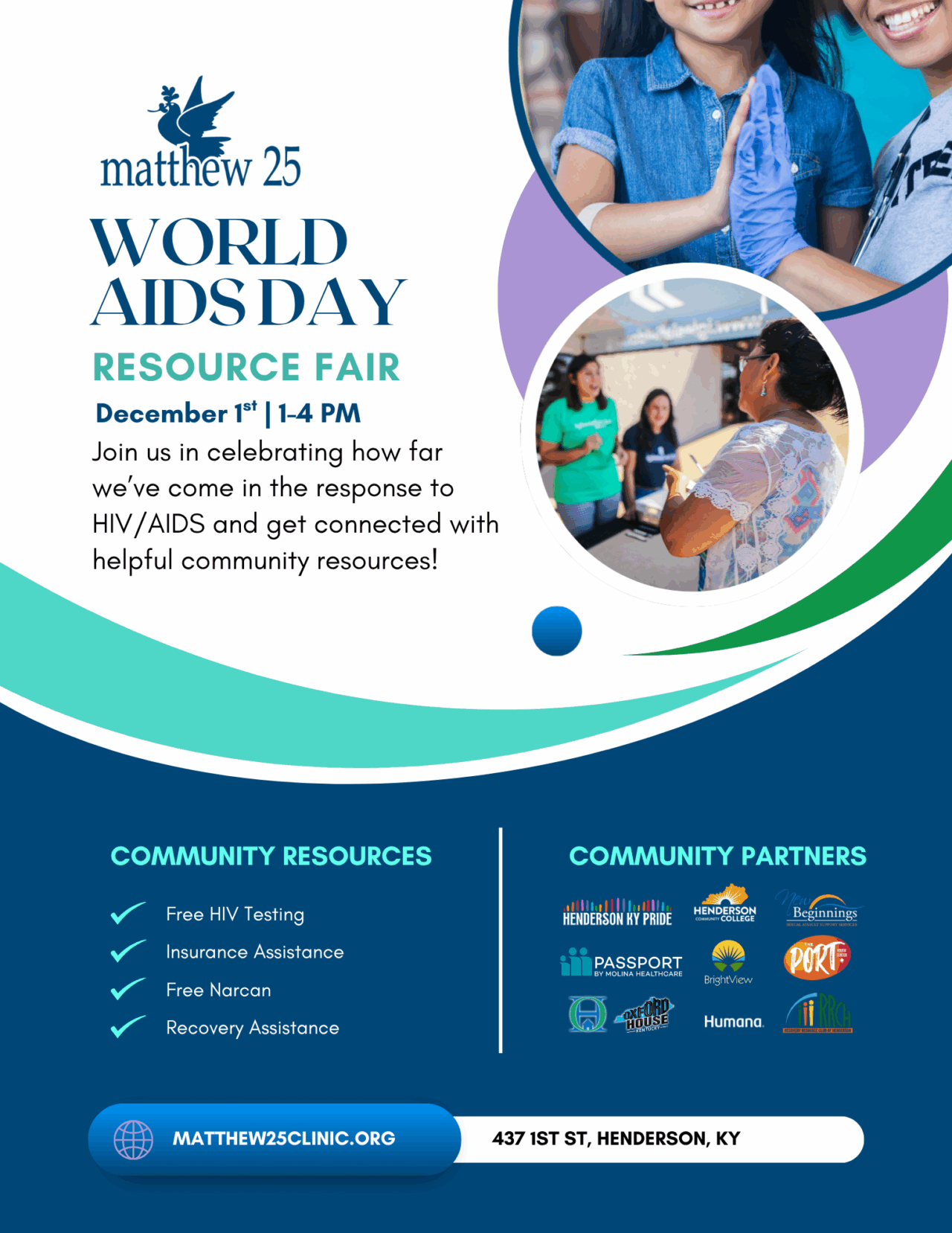 World AIDS Day Resource Fair flier. Free HIV testing, Narcan, and more on December 1st from 1-4 at 437 1st St, Henderson, KY.